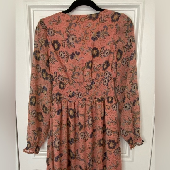 Patrons of Peace Peach Pink Navy Floral Longsleeve Maxi Dress Smock Button Front - Picture 9 of 14
